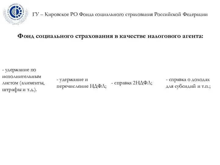 ГУ – Кировское РО Фонда социального страхования Российской Федерации Фонд социального страхования в качестве налогового агента: