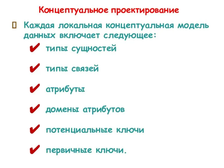 Каждая локальная концептуальная модель данных включает следующее: типы сущностей типы связей