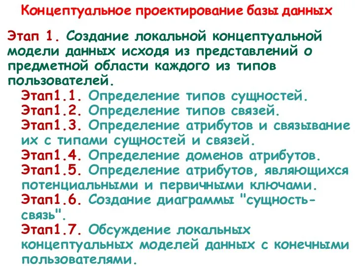 Концептуальное проектирование базы данных Этап 1. Создание локальной концептуальной модели данных