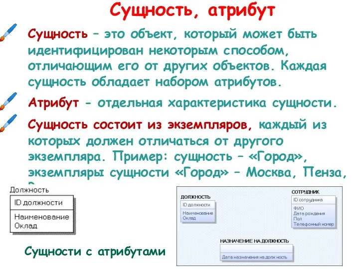 Сущность, атрибут Сущность – это объект, который может быть идентифицирован некоторым