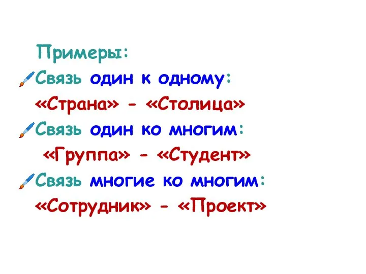 Примеры: Связь один к одному: «Страна» - «Столица» Связь один ко