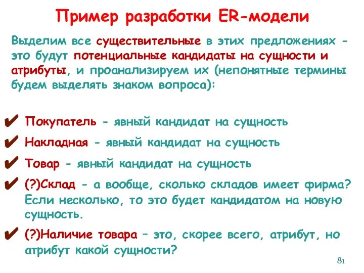 Пример разработки ER-модели Выделим все существительные в этих предложениях - это