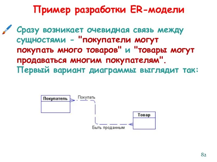 Сразу возникает очевидная связь между сущностями - "покупатели могут покупать много