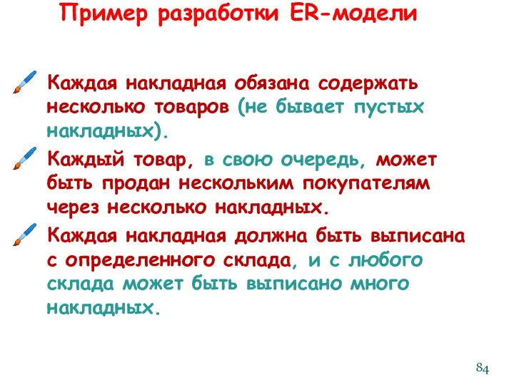 Каждая накладная обязана содержать несколько товаров (не бывает пустых накладных). Каждый