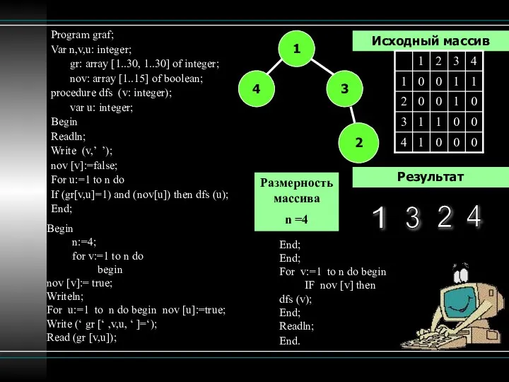 Program graf; Var n,v,u: integer; gr: array [1..30, 1..30] of integer;