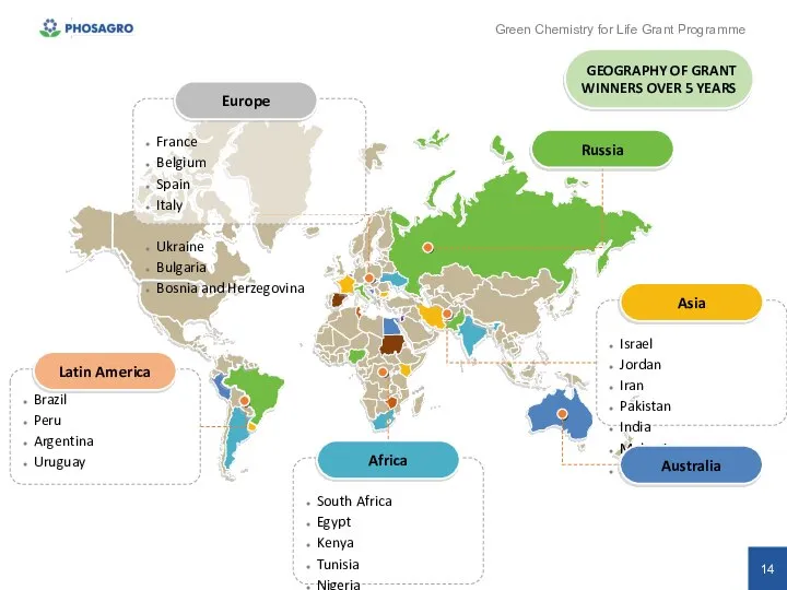 14 GEOGRAPHY OF GRANT WINNERS OVER 5 YEARS Green Chemistry for Life Grant Programme