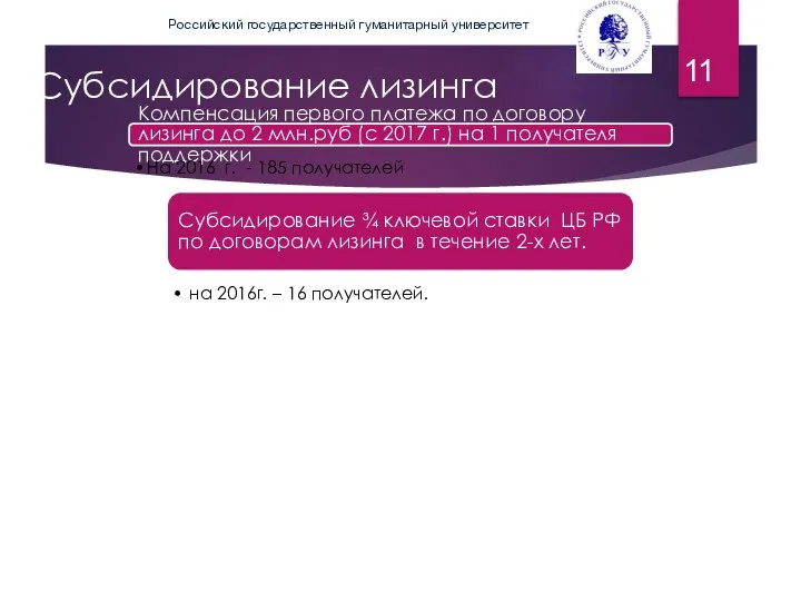 Субсидирование лизинга Компенсация первого платежа по договору лизинга до 2 млн.руб