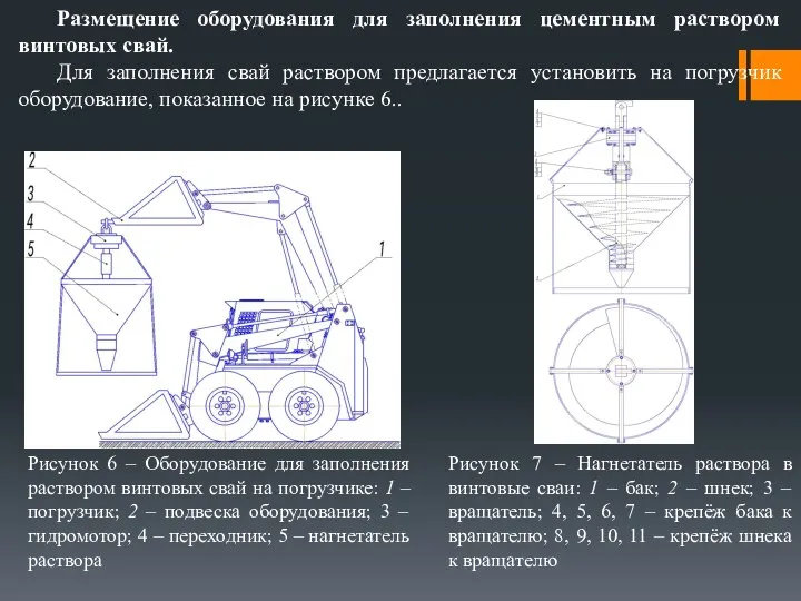 Размещение оборудования для заполнения цементным раствором винтовых свай. Для заполнения свай