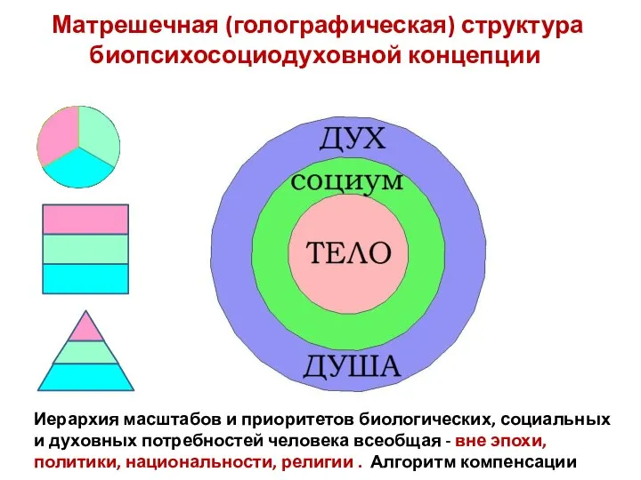 Матрешечная (голографическая) структура биопсихосоциодуховной концепции Иерархия масштабов и приоритетов биологических, социальных