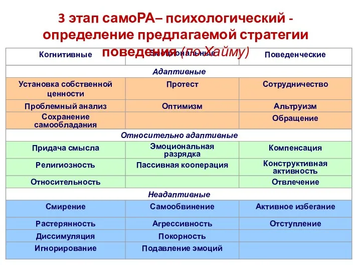 3 этап самоРА– психологический - определение предлагаемой стратегии поведения (по Хайму)