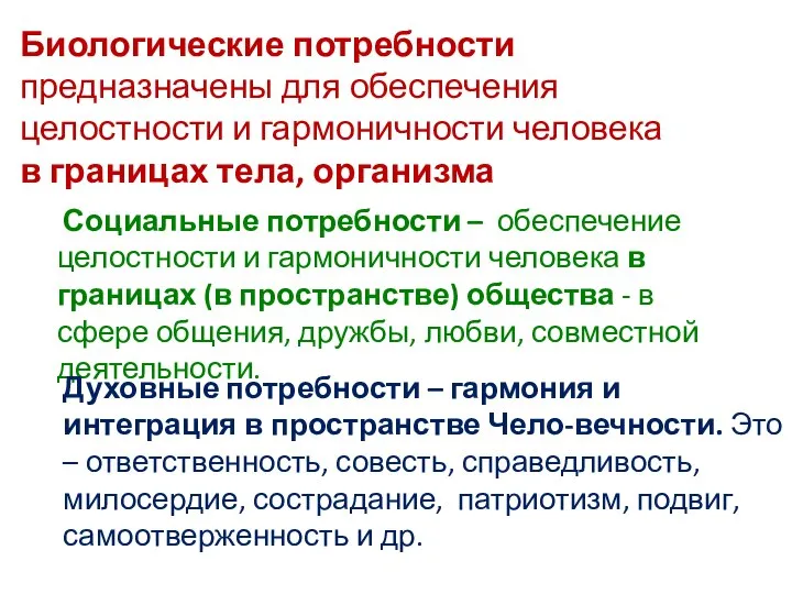 Социальные потребности – обеспечение целостности и гармоничности человека в границах (в