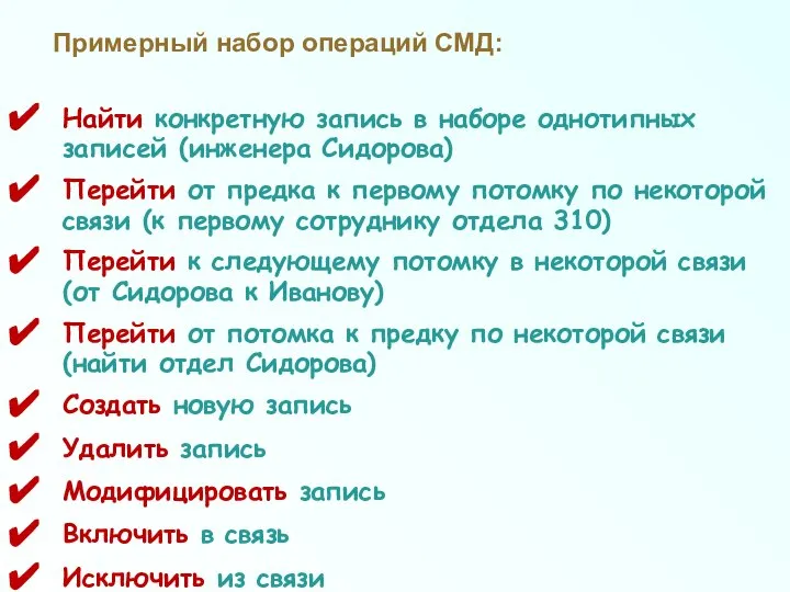 Примерный набор операций СМД: Найти конкретную запись в наборе однотипных записей