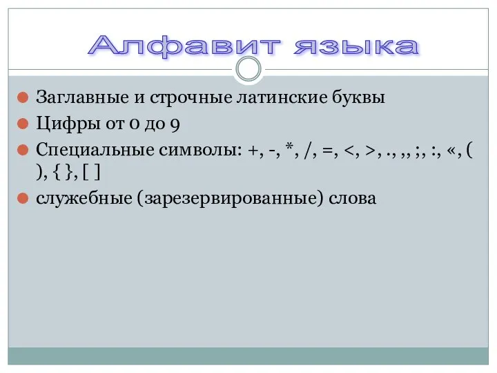 Заглавные и строчные латинские буквы Цифры от 0 до 9 Специальные