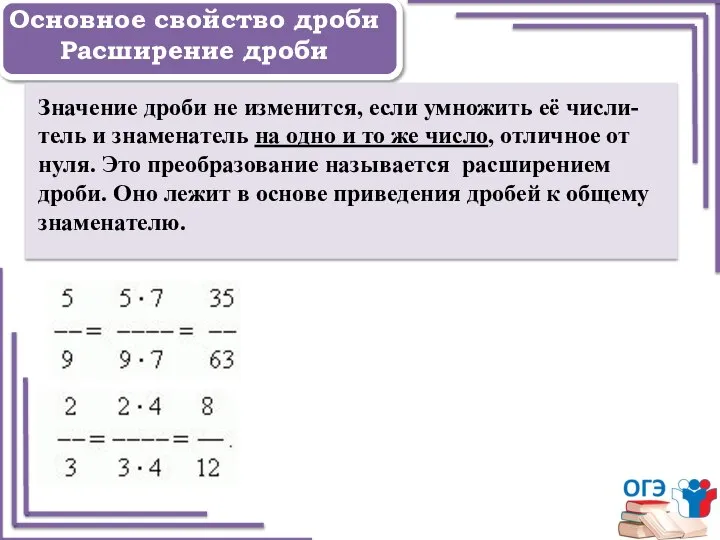 Задание 1 Основное свойство дроби Расширение дроби Значение дроби не изменится,