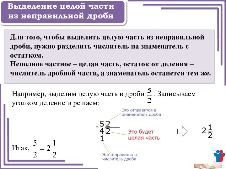 Задание 1 Выделение целой части из неправильной дроби Для того, чтобы