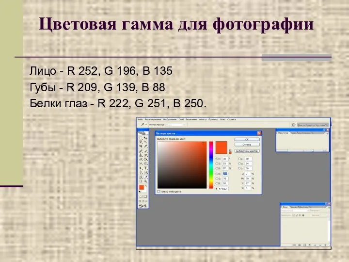 Цветовая гамма для фотографии Лицо - R 252, G 196, B