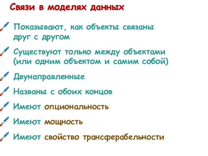 Связи в моделях данных Показывают, как объекты связаны друг с другом