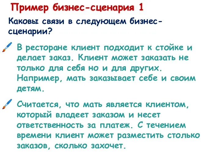 Пример бизнес-сценария 1 Каковы связи в следующем бизнес-сценарии? В ресторане клиент