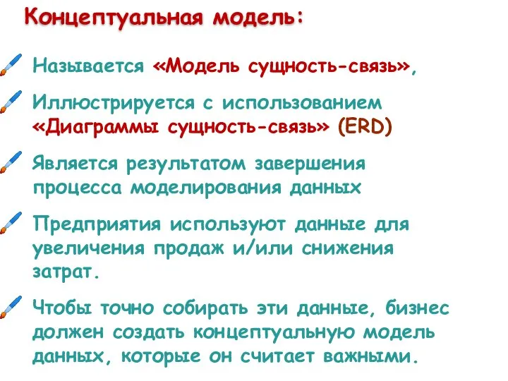 Концептуальная модель: Называется «Модель сущность-связь», Иллюстрируется с использованием «Диаграммы сущность-связь» (ERD)