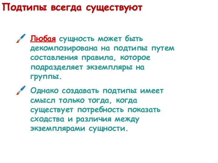 Подтипы всегда существуют Любая сущность может быть декомпозирована на подтипы путем