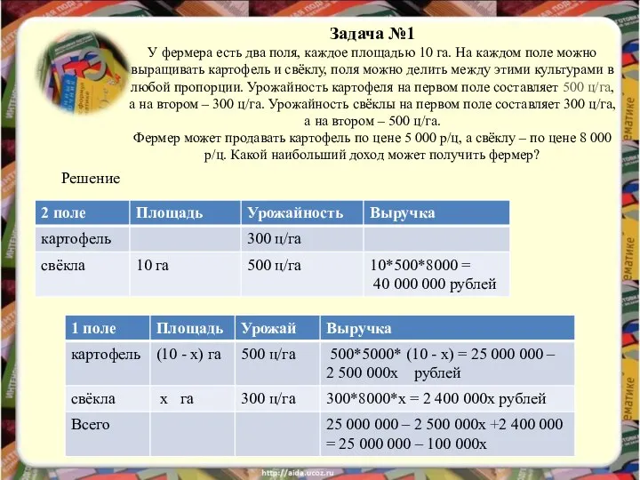 Задача №1 У фермера есть два поля, каждое площадью 10 га.