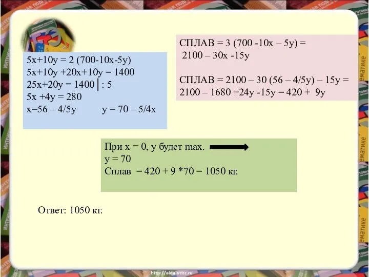 5x+10y = 2 (700-10x-5y) 5x+10y +20x+10y = 1400 25x+20y = 1400│: