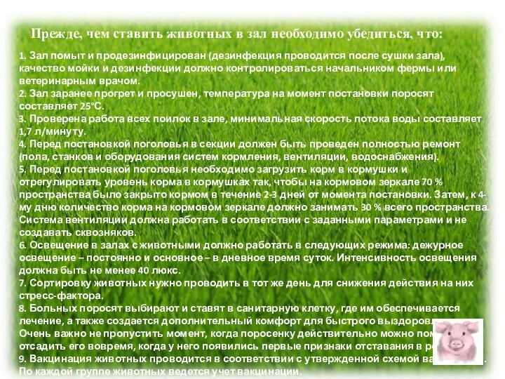 Прежде, чем ставить животных в зал необходимо убедиться, что: 1. Зал