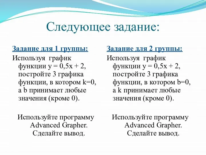 Следующее задание: Задание для 1 группы: Используя график функции y =