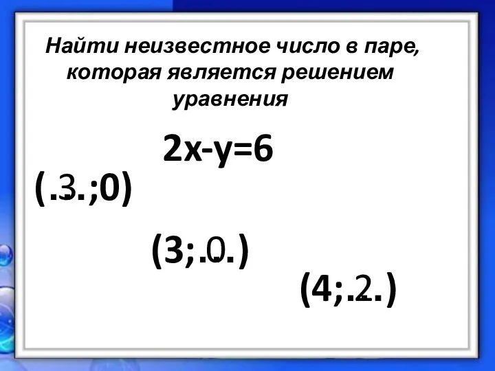 2x-y=6 (…;0) (3;…) (4;…) 3 0 2 Найти неизвестное число в паре, которая является решением уравнения