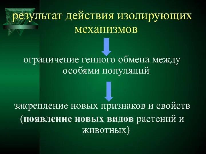 результат действия изолирующих механизмов ограничение генного обмена между особями популяций закрепление