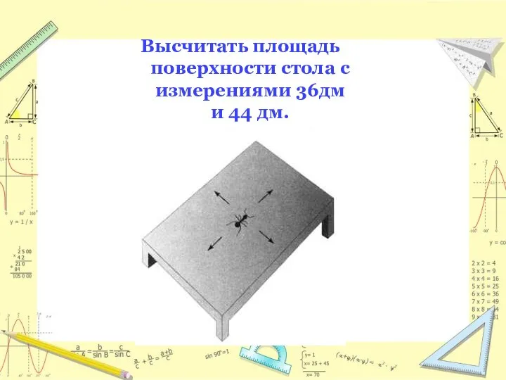 Высчитать площадь поверхности стола с измерениями 36дм и 44 дм.