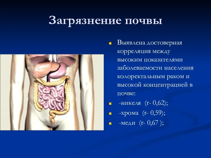 Загрязнение почвы Выявлена достоверная корреляция между высоким показателями заболеваемости населения колоректальным