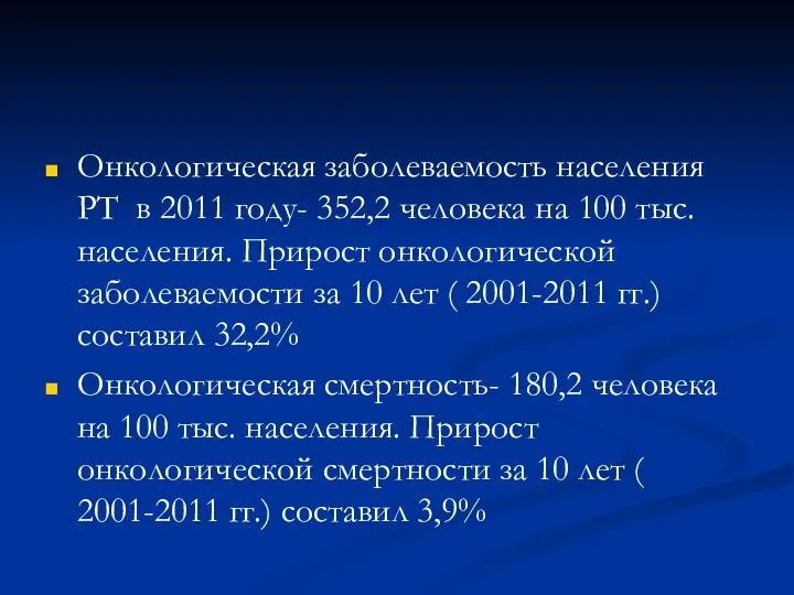 Онкологическая заболеваемость населения РТ в 2011 году- 352,2 человека на 100