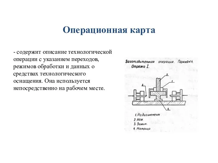 Операционная карта - содержит описание технологической операции с указанием переходов, режимов