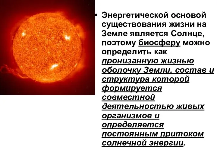 Энергетической основой существования жизни на Земле является Солнце, поэтому биосферу можно