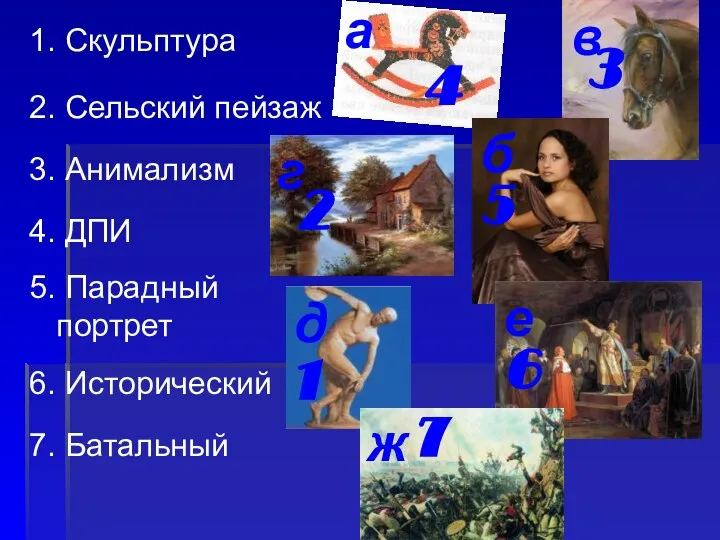 1. Скульптура 2. Сельский пейзаж 3. Анимализм 4. ДПИ 5. Парадный