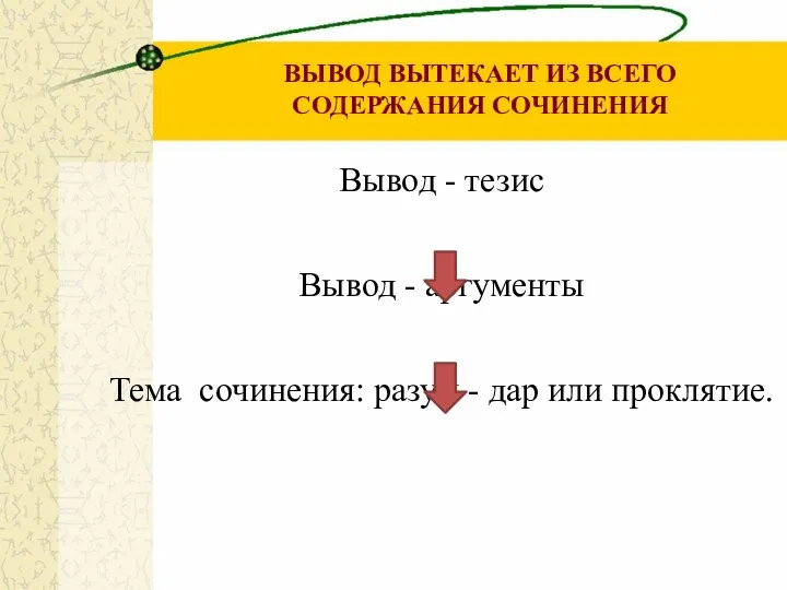 ВЫВОД ВЫТЕКАЕТ ИЗ ВСЕГО СОДЕРЖАНИЯ СОЧИНЕНИЯ Вывод - тезис Вывод -