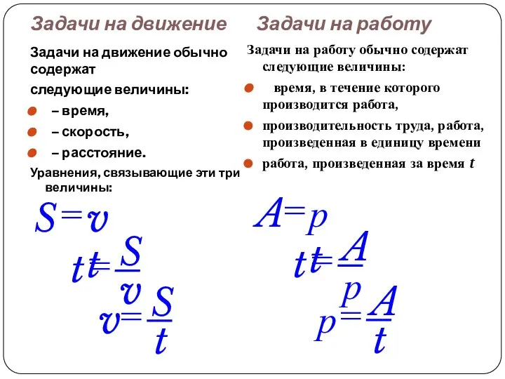 Задачи на работу обычно содержат следующие величины: время, в течение которого