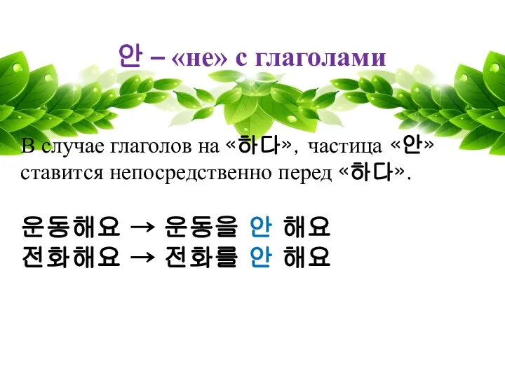 안 – «не» с глаголами В случае глаголов на «하다», частица