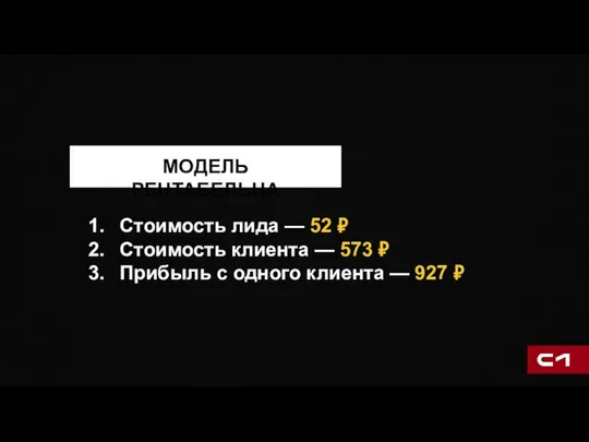 МОДЕЛЬ РЕНТАБЕЛЬНА Стоимость лида — 52 ₽ Стоимость клиента — 573