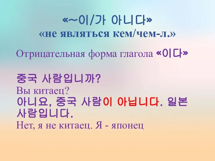 «~이/가 아니다» «не являться кем/чем-л.» Отрицательная форма глагола «이다» 중국 사람입니까?