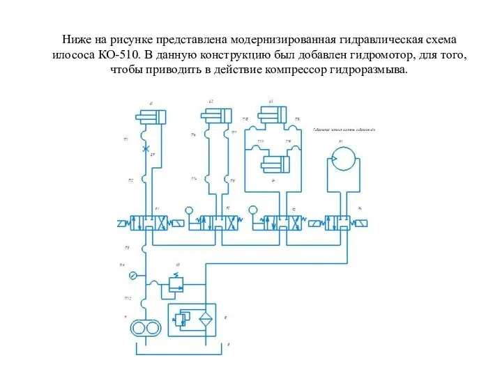 Ниже на рисунке представлена модернизированная гидравлическая схема илососа КО-510. В данную