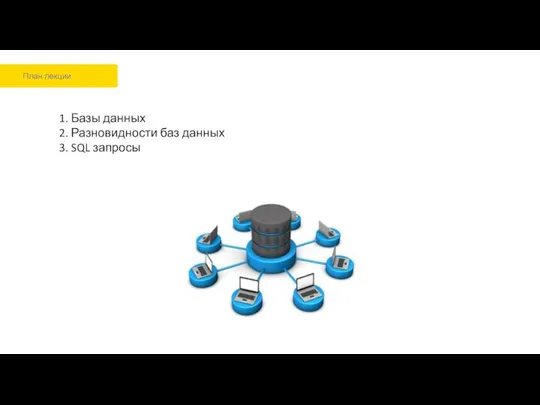 План лекции 1. Базы данных 2. Разновидности баз данных 3. SQL запросы