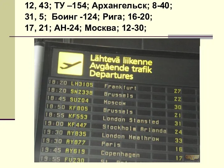 12, 43; ТУ –154; Архангельск; 8-40; 31, 5; Боинг -124; Рига;