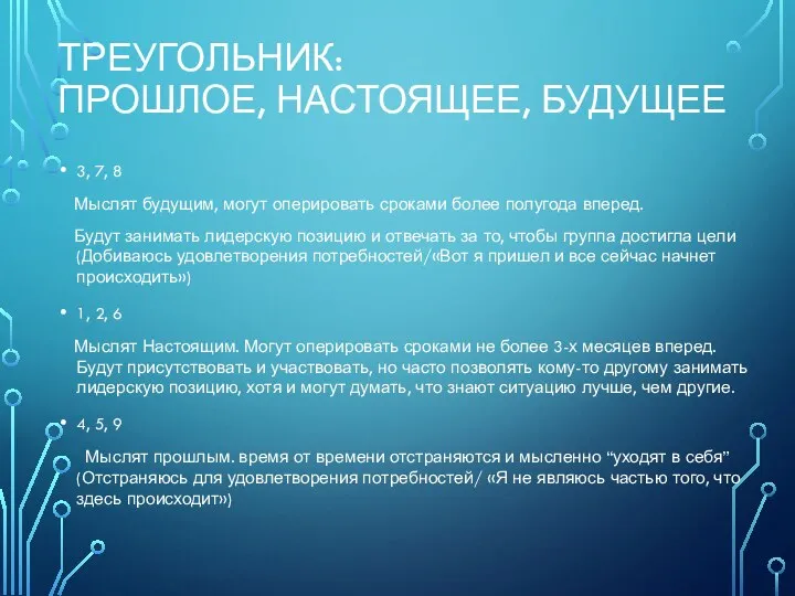 ТРЕУГОЛЬНИК: ПРОШЛОЕ, НАСТОЯЩЕЕ, БУДУЩЕЕ 3, 7, 8 Мыслят будущим, могут оперировать