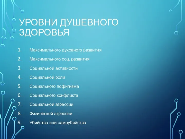 УРОВНИ ДУШЕВНОГО ЗДОРОВЬЯ Максимального духовного развития Максимального соц. развития Социальной активности