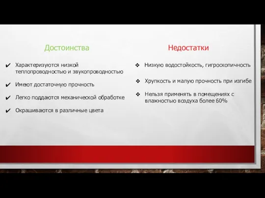 Достоинства Недостатки Характеризуются низкой теплопроводностью и звукопроводностью Имеют достаточную прочность Легко