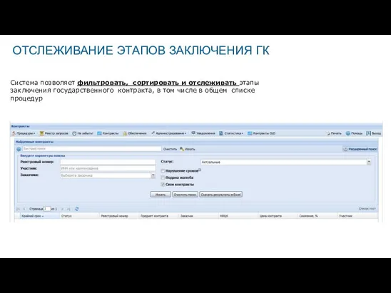 Система позволяет фильтровать, сортировать и отслеживать этапы заключения государственного контракта, в