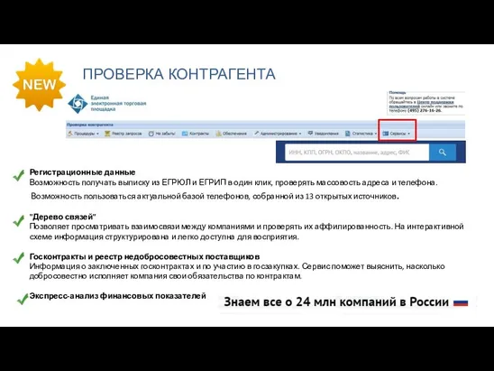 ПРОВЕРКА КОНТРАГЕНТА Регистрационные данные Возможность получать выписку из ЕГРЮЛ и ЕГРИП