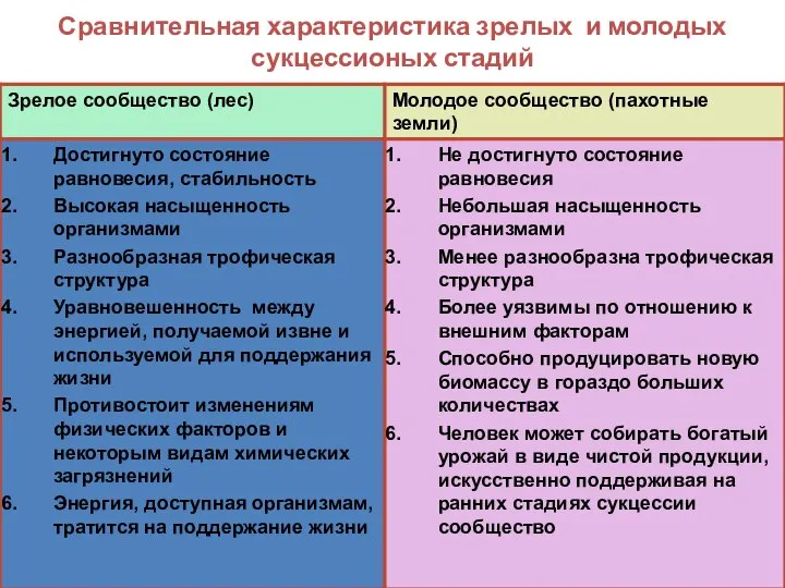 Сравнительная характеристика зрелых и молодых сукцессионых стадий